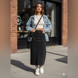 New Universal Thread Black Denim Button-Front Skirt